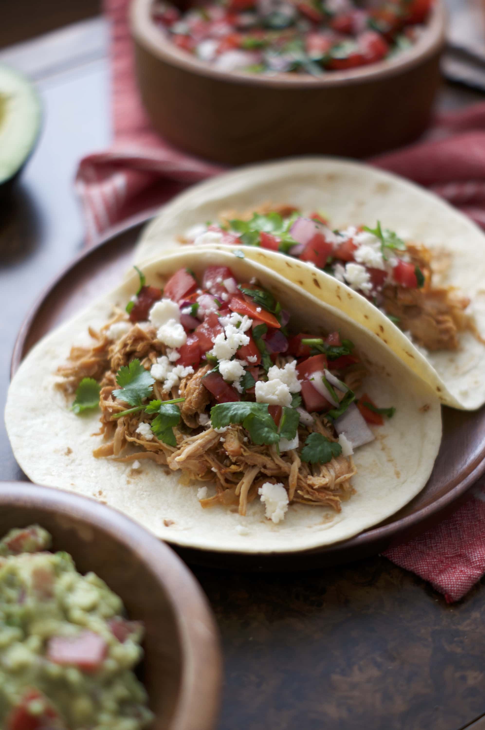 Slow Cooker Salsa Chicken Tacos with Pico de Gallo & Guacamole