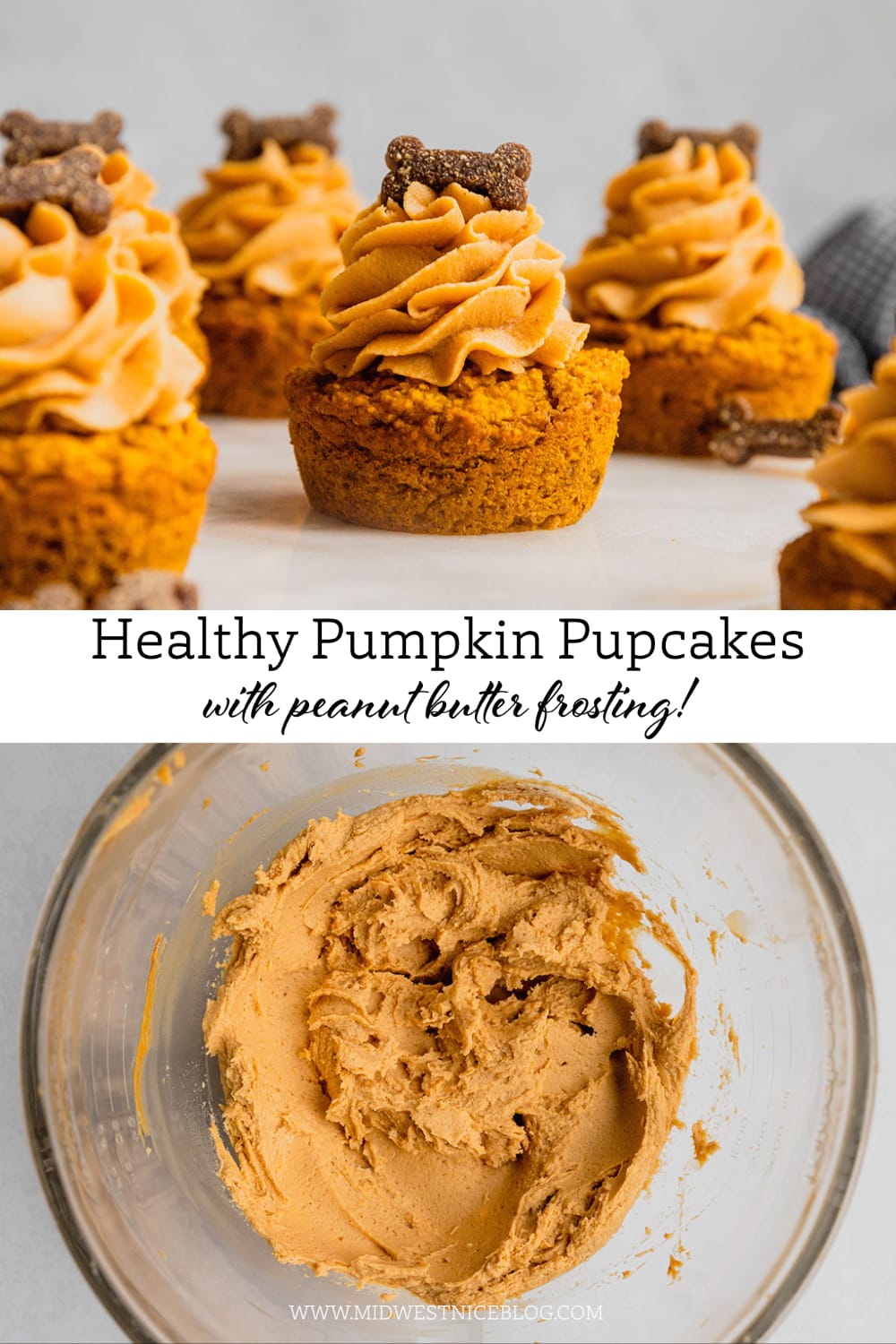 A pin to share the recipe for homemade pupcakes with peanut butter frosting.