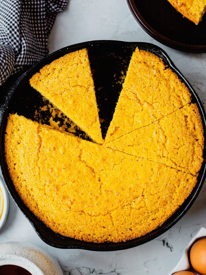 Cast Iron Skillet full of freshly baked cornbread.