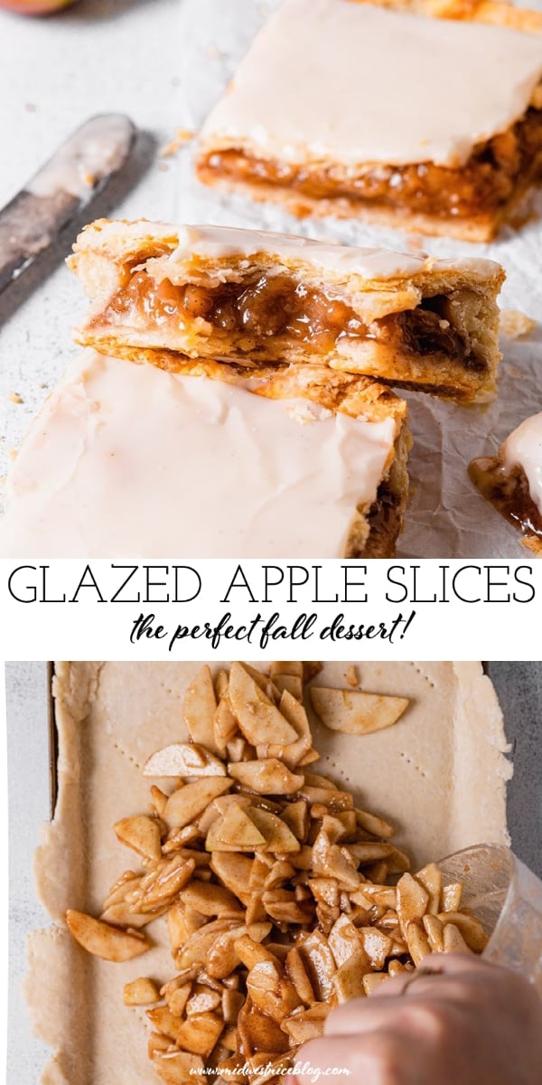 The top image shows a glazed apple slice with a bite taken out of it. The bottom shows spiced apples being spread into a pie crust.