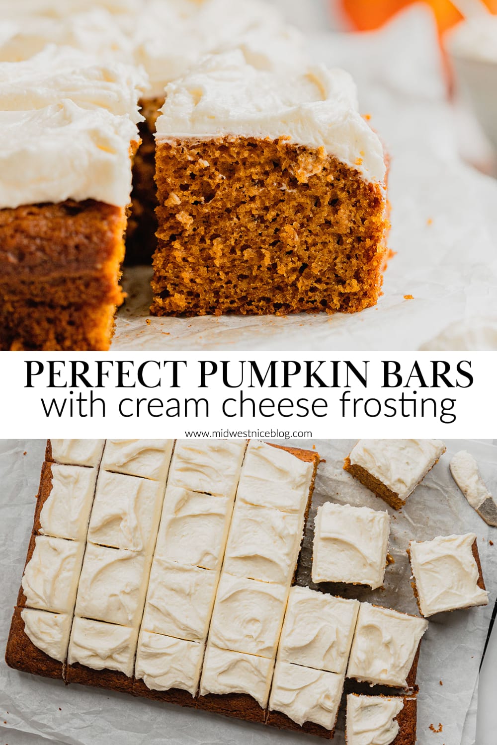 A pin to share the recipe for homemade pumpkin bars.