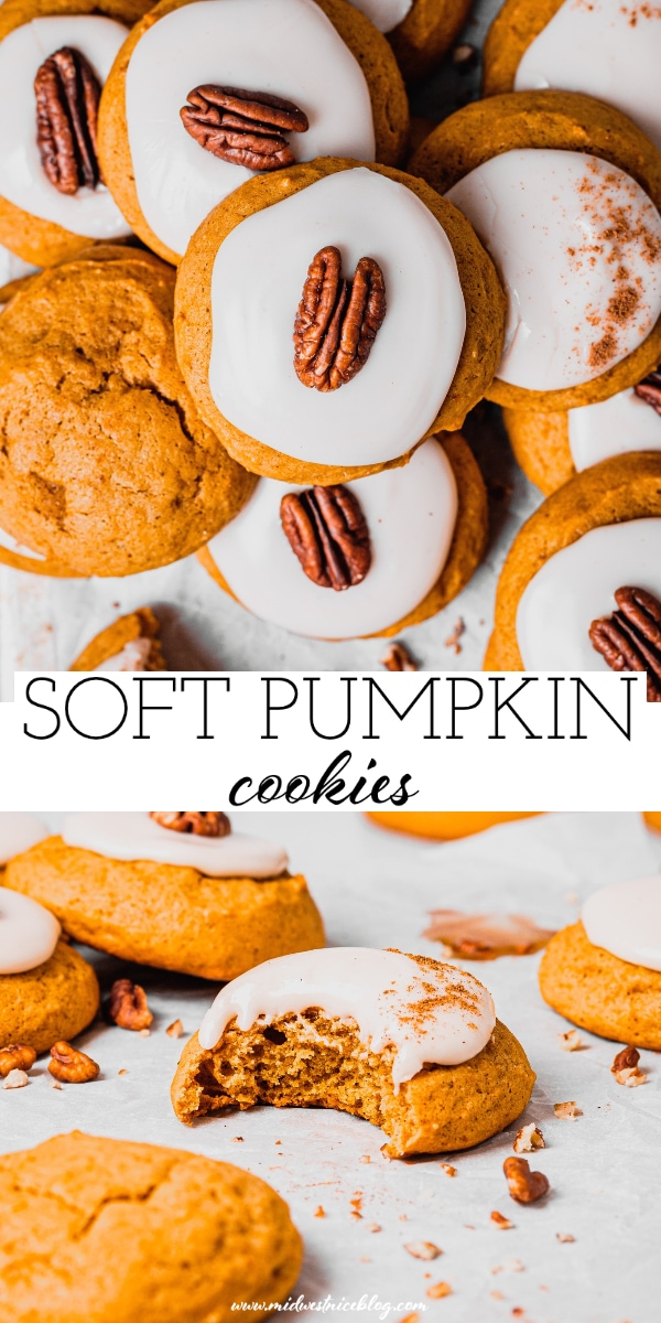 The top image shows a stack of maple glazed pumpkin cookies. The bottom image shows a single pumpkin cookie with a bite taken out of it.