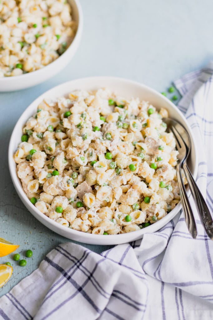 Tuna Pasta Salad with Mayo, Miracle Whip and Peas Midwest Nice