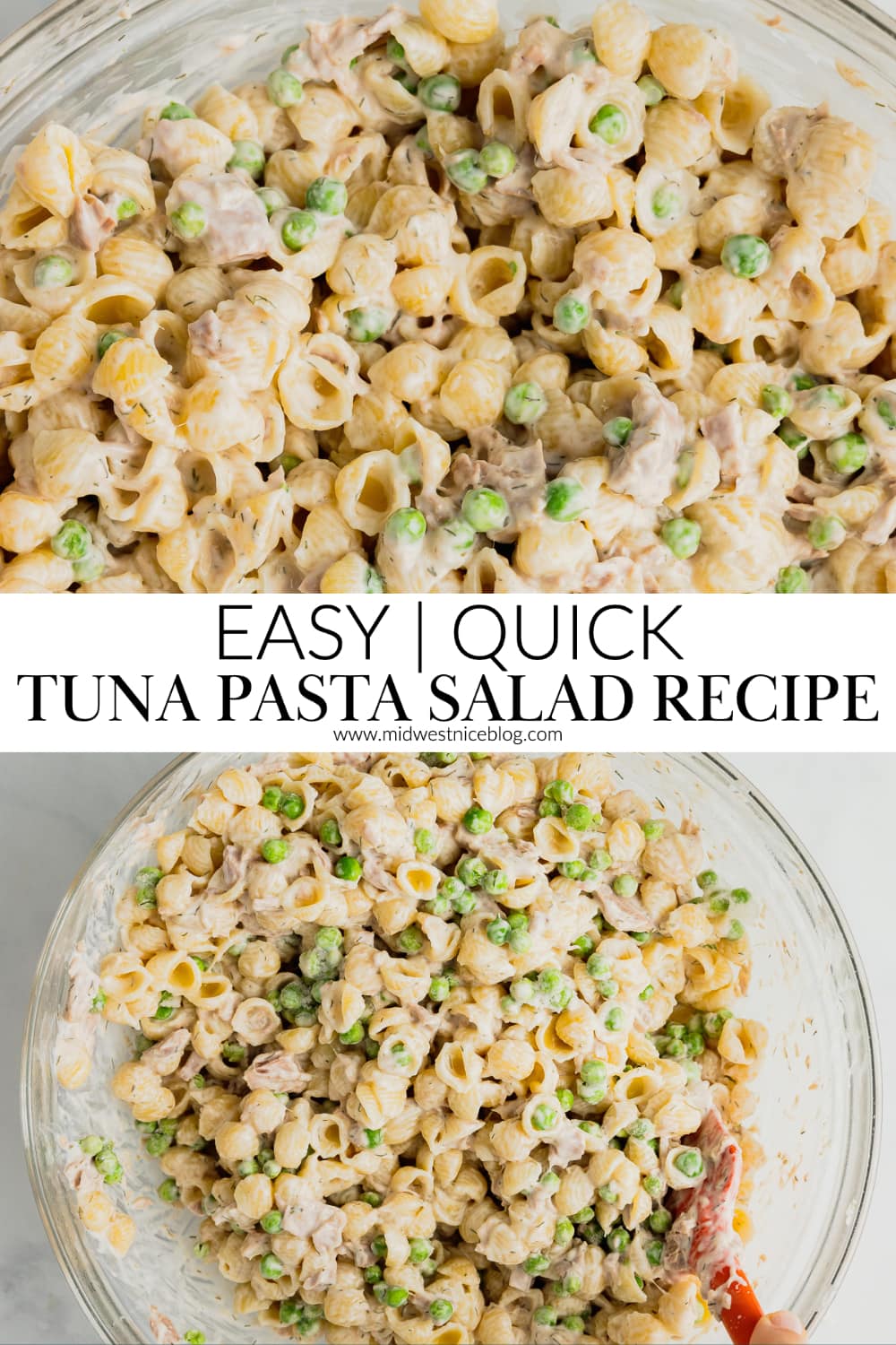 The upper photo is a close up of a bowl of tuna pasta salad, the bottom photo is an overhead shot of a bowl of tuna pasta salad with peas.