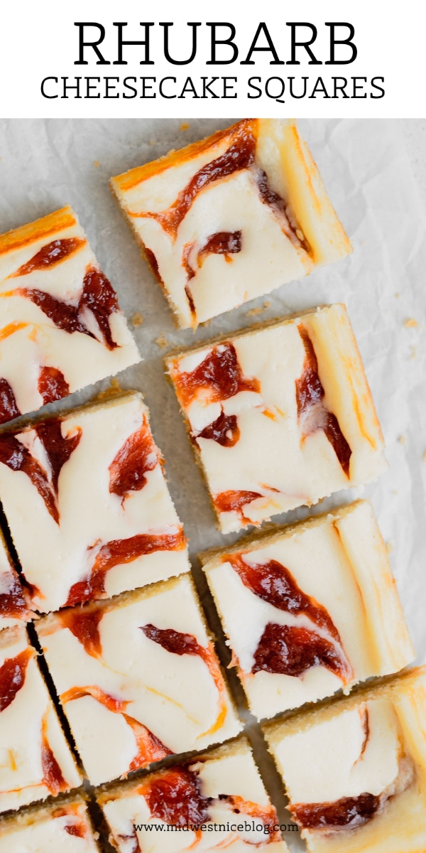 Rhubarb cheesecake squares placed on a piece of parchment paper with a banner with the recipe name on the top.