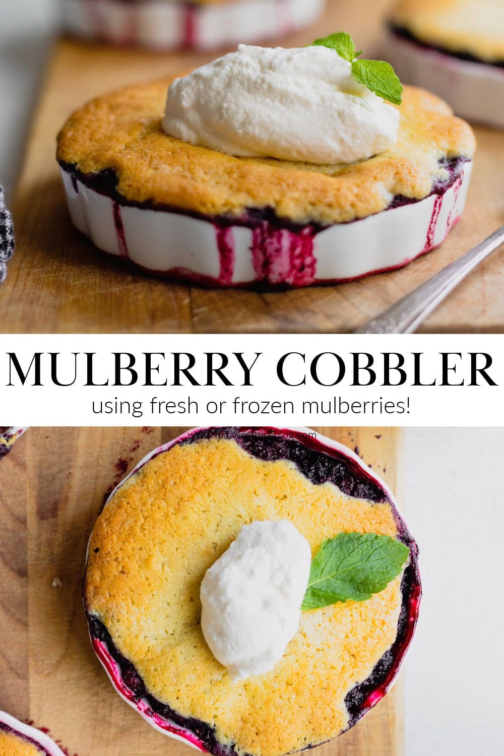 Small white ramekins filled with mulberry cobbler.