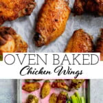 The top image shows a baked chicken wing. The bottom image shows a tray of wings with celery and a hand dipping a wing into ranch dressing.