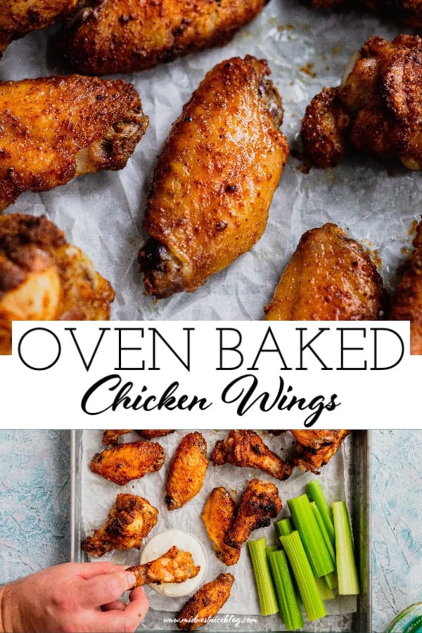 The top image shows a baked chicken wing. The bottom image shows a tray of wings with celery and a hand dipping a wing into ranch dressing.