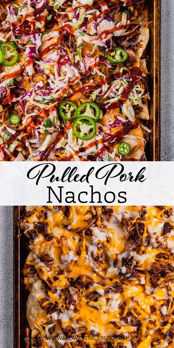 A pin to share the recipe for bbq pulled pork sheet pan nachos