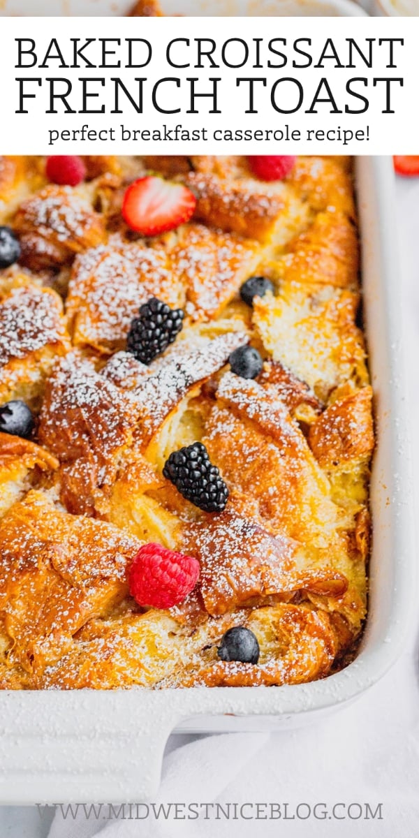 A pan filled with croissant french toast bake.