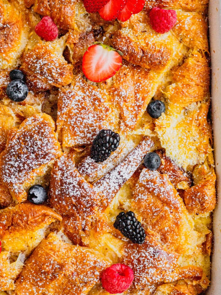 A pan filled with croissant french toast bake.