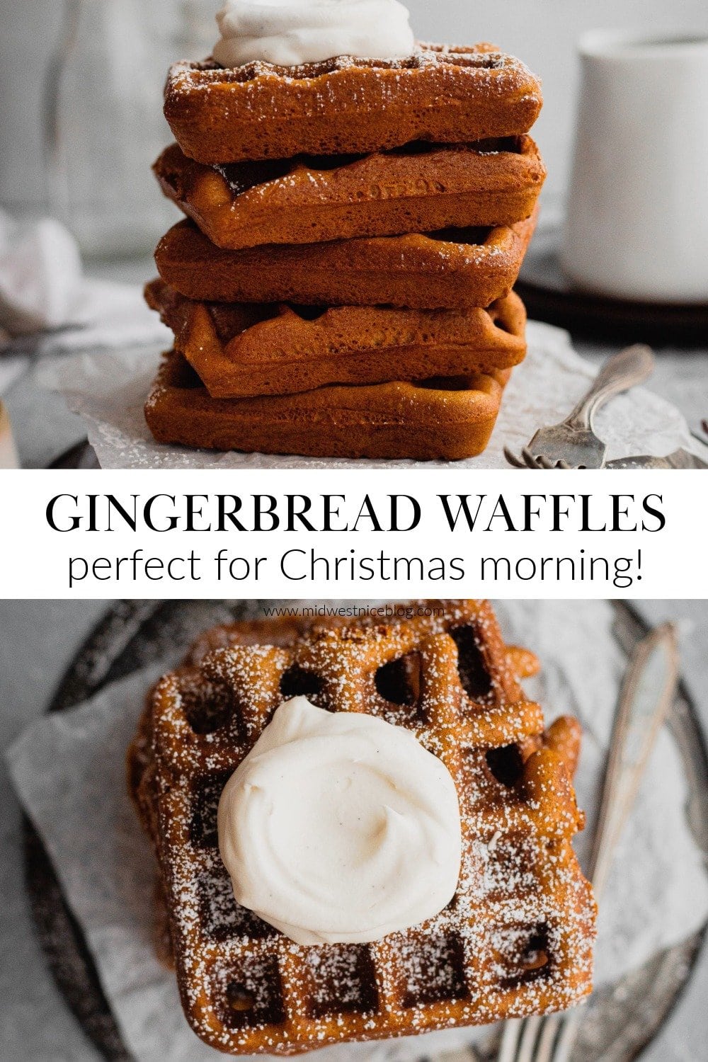 A two image collage. The top image shows a stack of gingerbread waffles from the front. The bottom image shows the top of the stack, with a dollop of whipped cream.