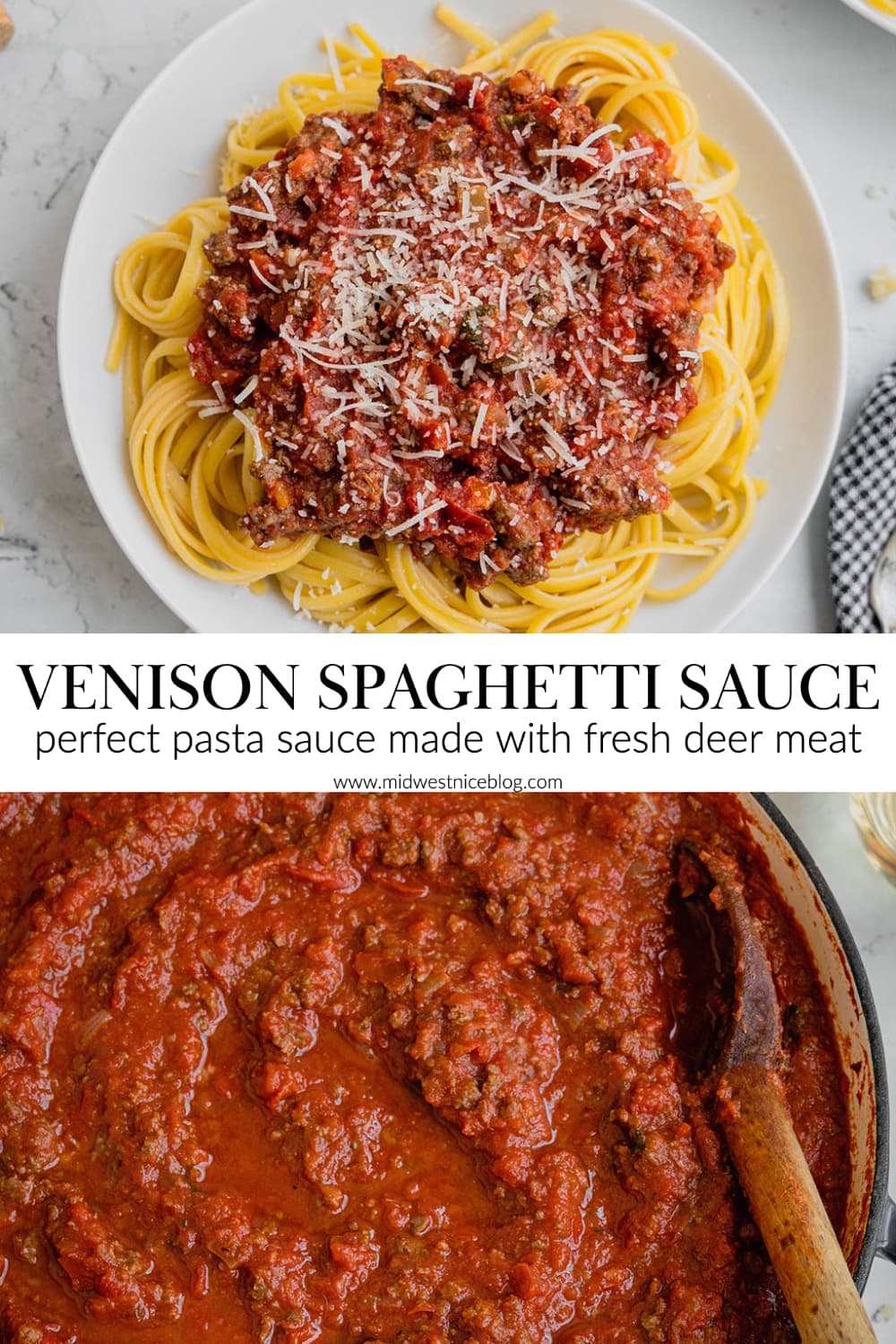 A pin to share the recipe for homemade venison spaghetti sauce