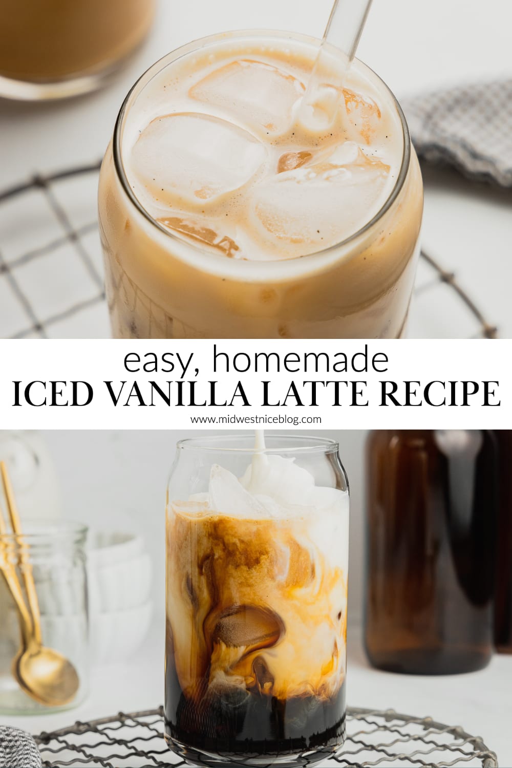 The top photo shows an overhead image of a glass of an iced vanilla latte, the bottom photo shows milk being poured into a glass of ice, espresso, and vanilla simple syrup.
