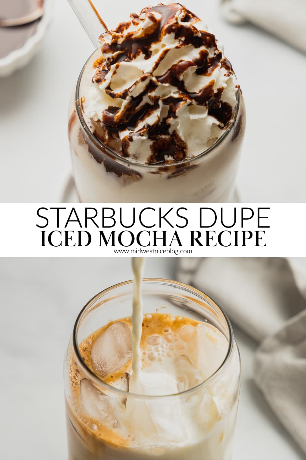 A pin showing two images. The top image is an iced mocha topped with whipped cream and chocolate sauce. The bottom shows milk being poured into a glass with ice, espresso, and chocolate sauce.