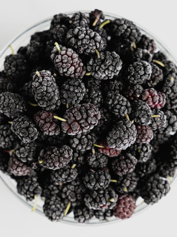 A small glass bowl filled with frozen mulberries.
