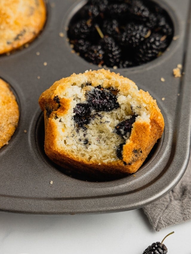 A mulberry muffin sitting in a pan with a bite taken out of it.