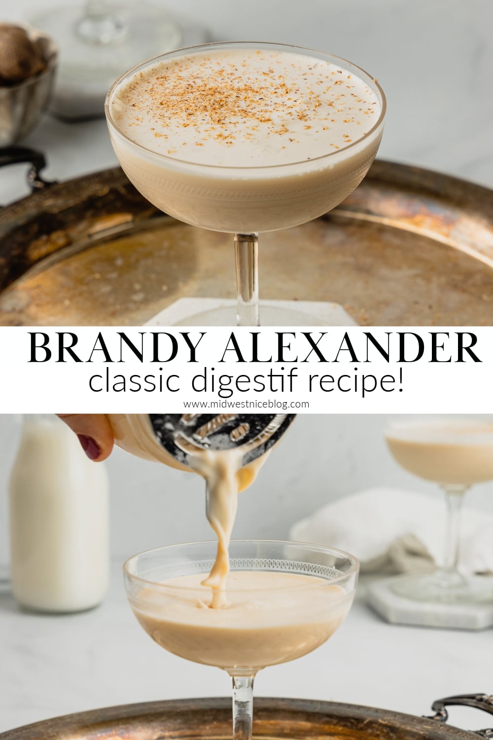 The top image shows a coupe glass filled with brandy alexander. The bottom image shows a shaker pouring a stream of brandy alexander into a coupe glass.