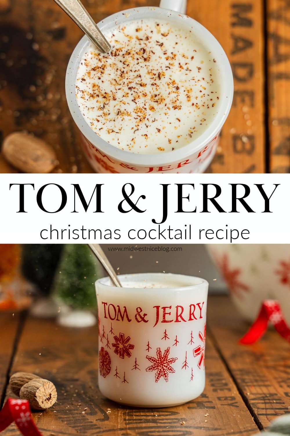 Two images, each showing a mug filled with Tom and Jerry batter and cocktails.