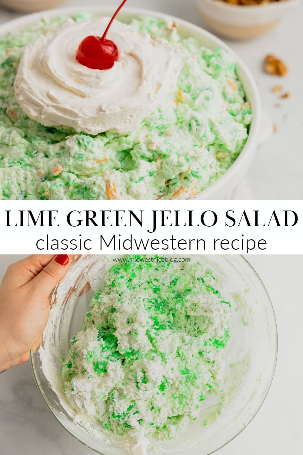 A large white serving bowl filled with lime jello salad and topped with cool whip and a cherry.