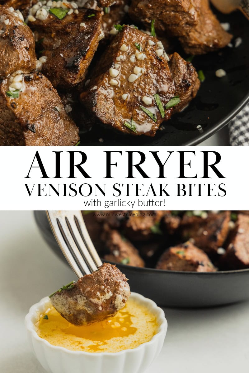 The top image shows a bowl of venison steak bites covered in garlic butter. The bottom image shows a fork dipping a cube of deer steak into melted butter.
