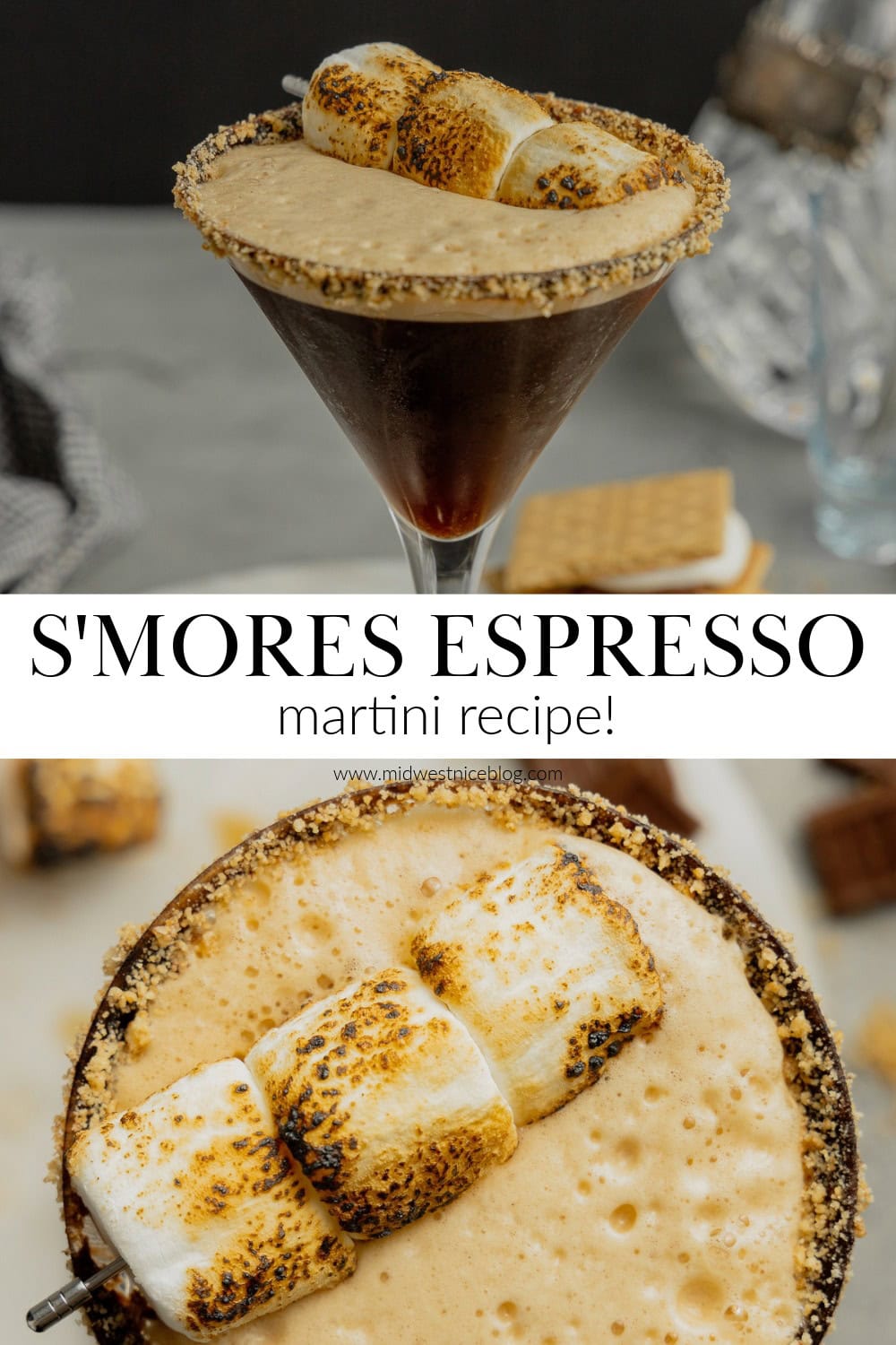 Two images showing A martini glass rimmed with crushed graham crackers is filled with a s'mores espresso martini and garnished with a toasted marshmallow skewer.