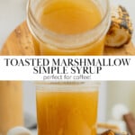 A small glass jar filled with toasted marshmallow syrup on a wooden board surrounded by toasted marshmallows.