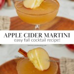 An apple cider martini in a coupe glass garnished with fresh apple slices sits on a marble coaster that is set on a wooden board.
