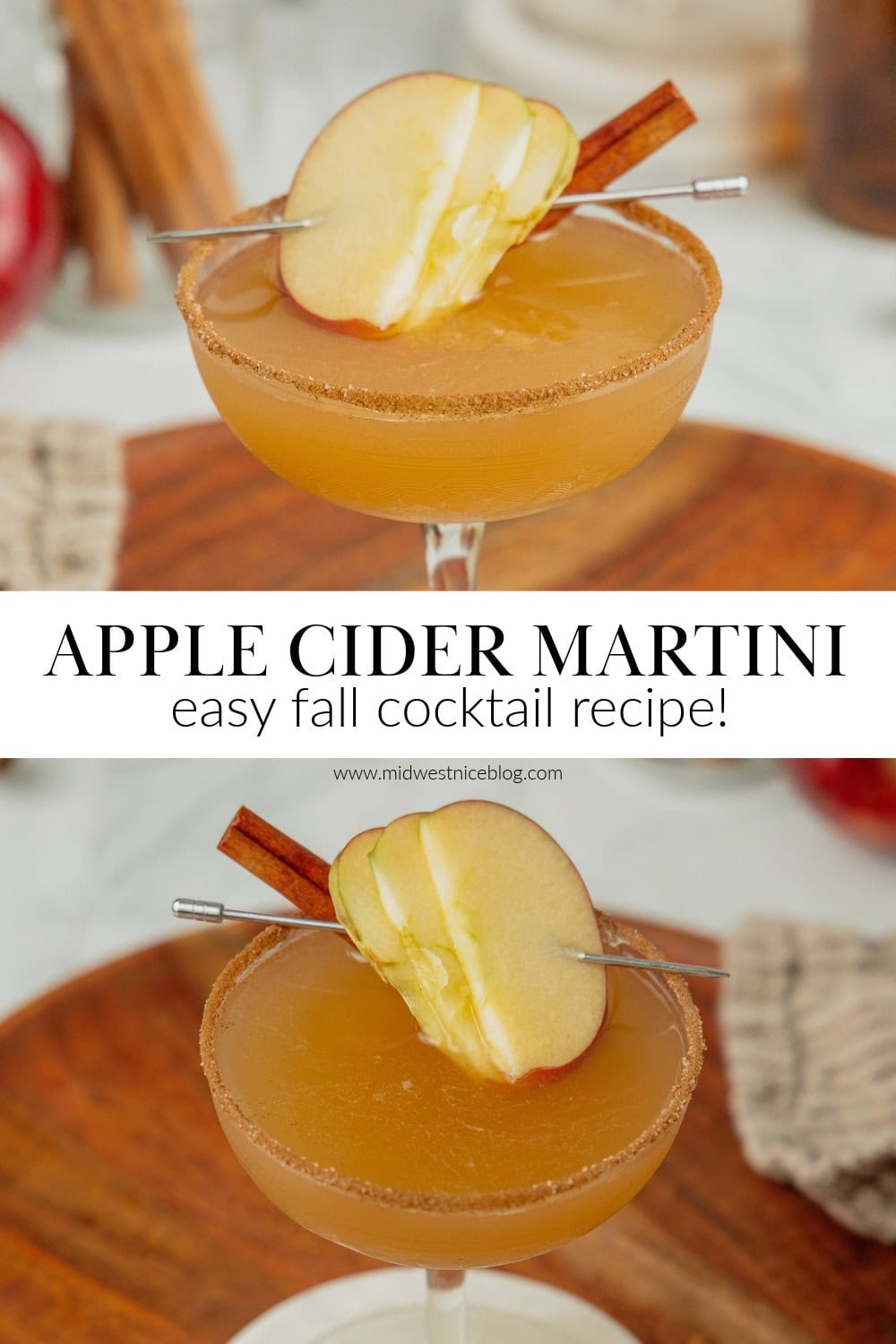 An apple cider martini in a coupe glass garnished with fresh apple slices sits on a marble coaster that is set on a wooden board.