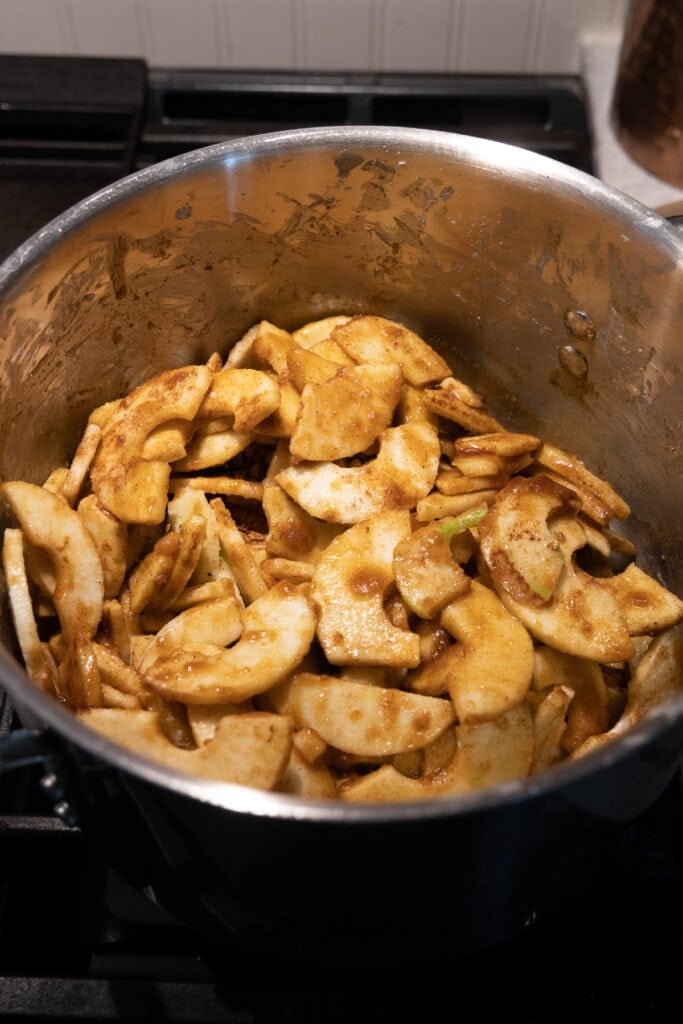 A large stainless steel stock pot filled with sliced apples that are coated in a mixture of brown sugar and spices.