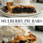A slice of mulberry slab pie on a white plate topped with a scoop of vanilla ice cream.