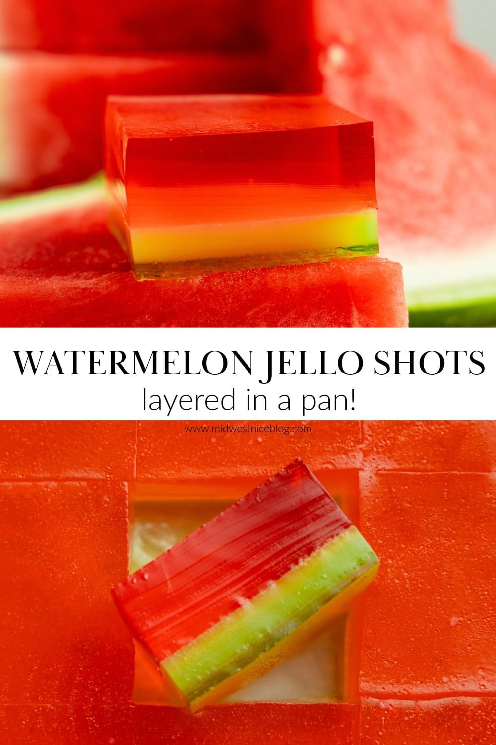 Two images displaying layered watermelon jello shots that are cut into squares.